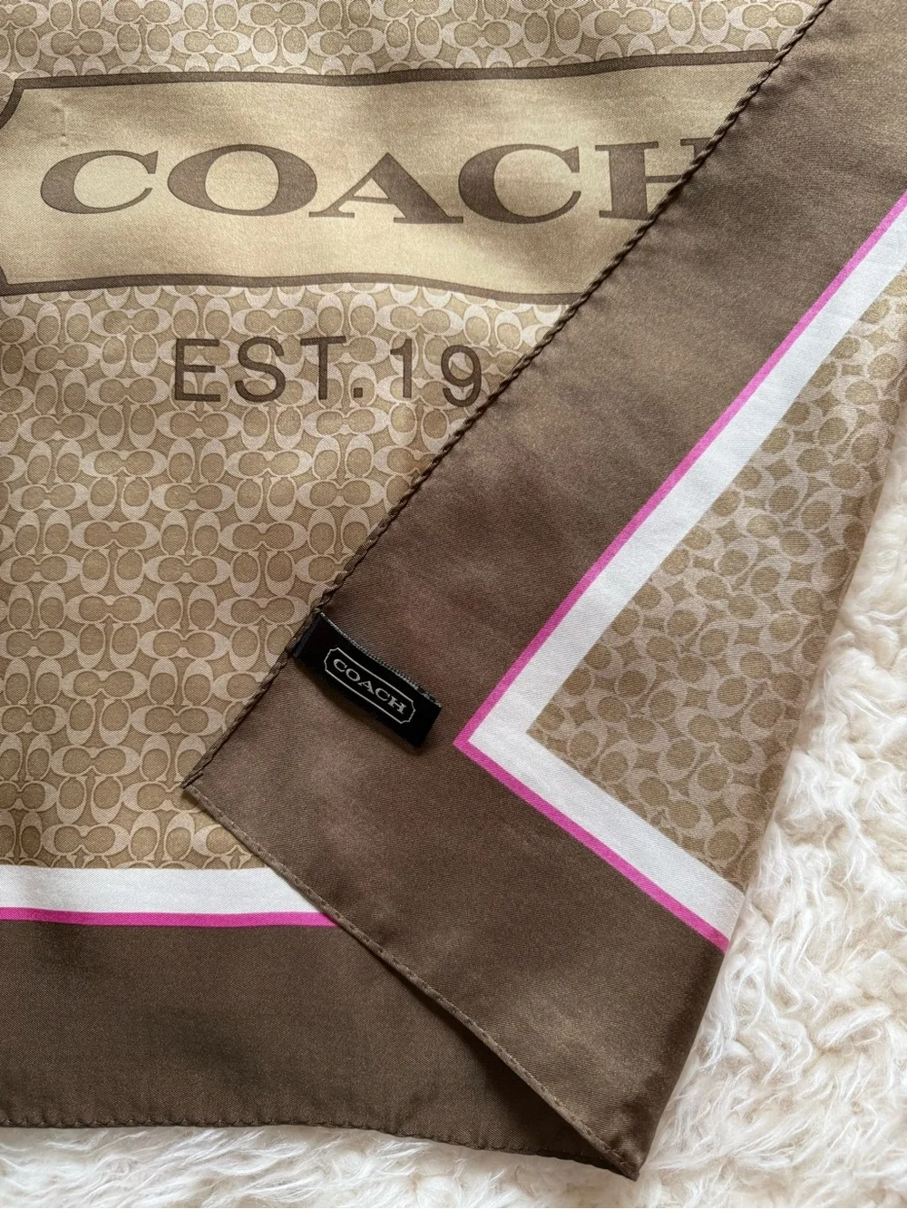 Coach Brown and Pink Logo Silk Square Scarf